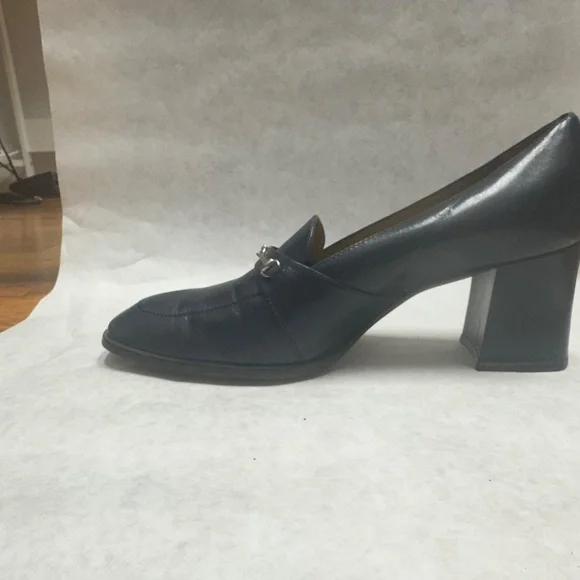 Etienne Aigner high life heels navy leather silver buckles pumps - Picture 5 of 9
